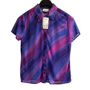 Vintage Fashion Bug Y2K Top Womens L Purple Ombre Sheer Mesh Button Down Fairy